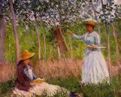 克劳德 莫奈 : Suzanne Reading and Blanche Painting by the Marsh at Giverny